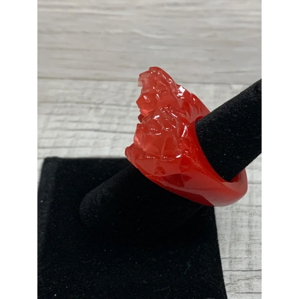 Red Resin Textured Statement Ring Chunky Crag Top Cocktail Ring Size 7.5